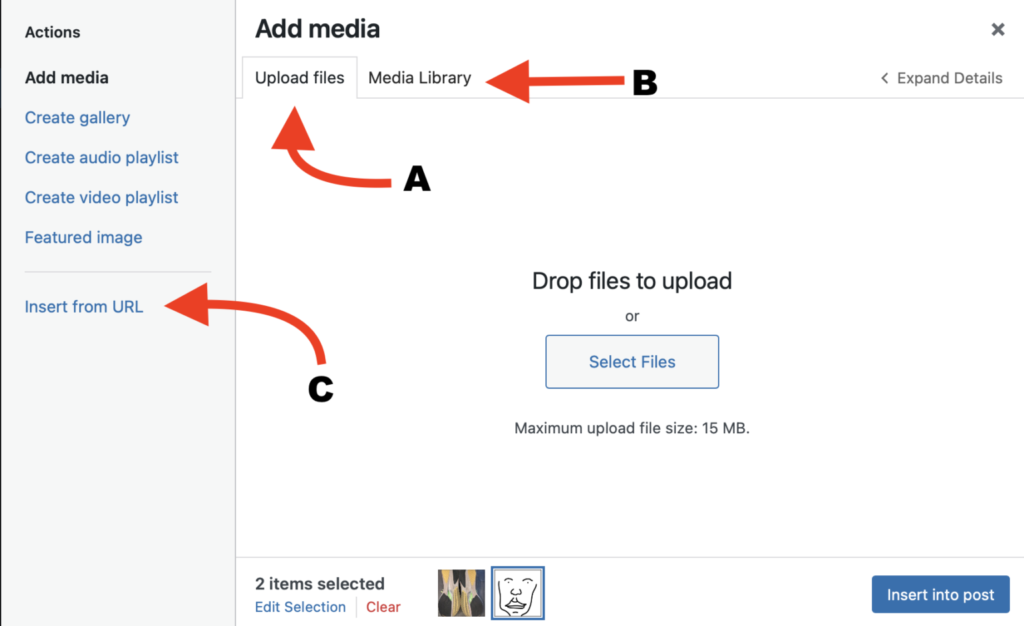 The Classic Editor's Add Media window, with Upload Files and Media Library tabs